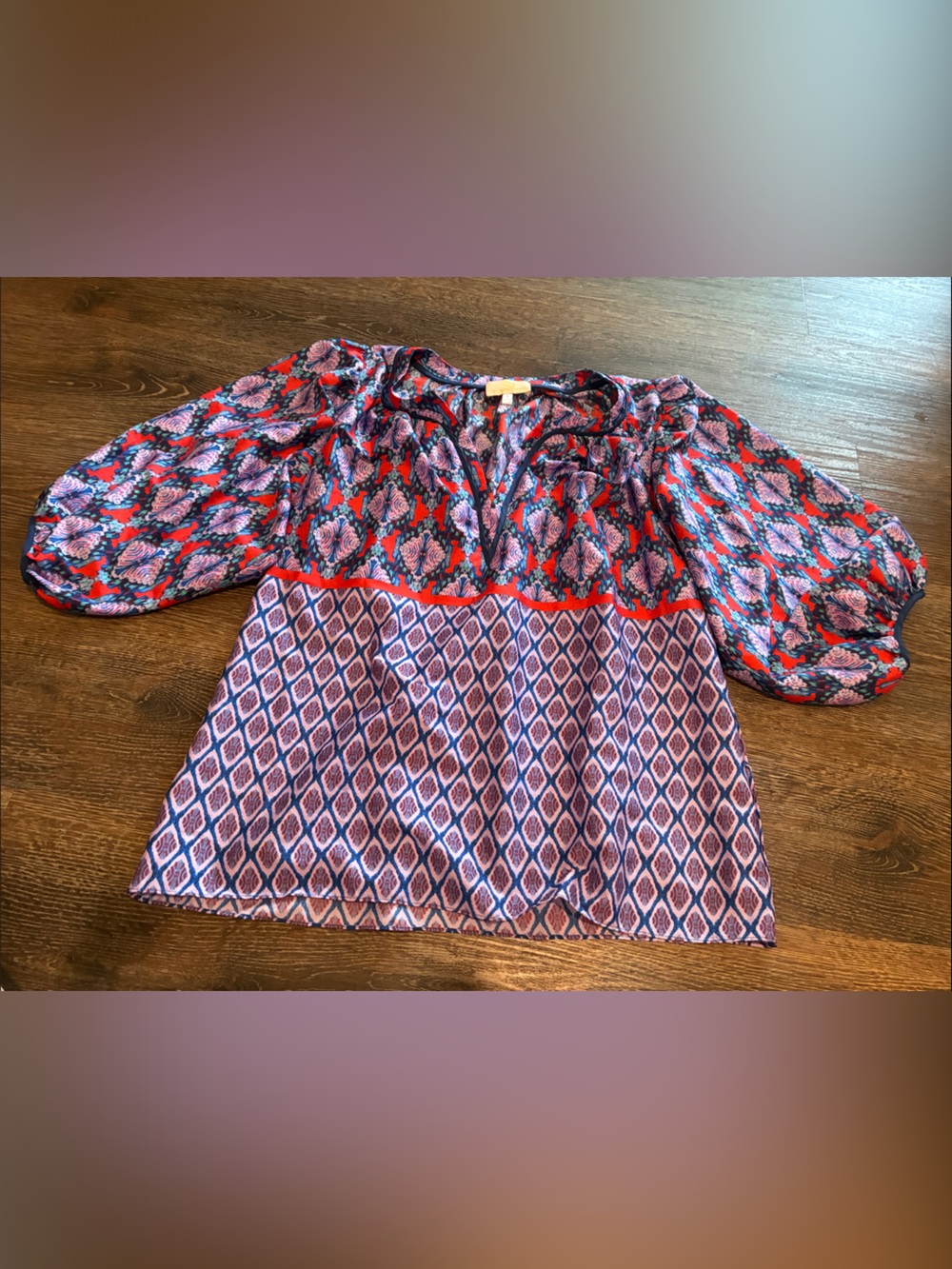 Collective Concepts Red & Purple Printed Puff-Sleeve Top